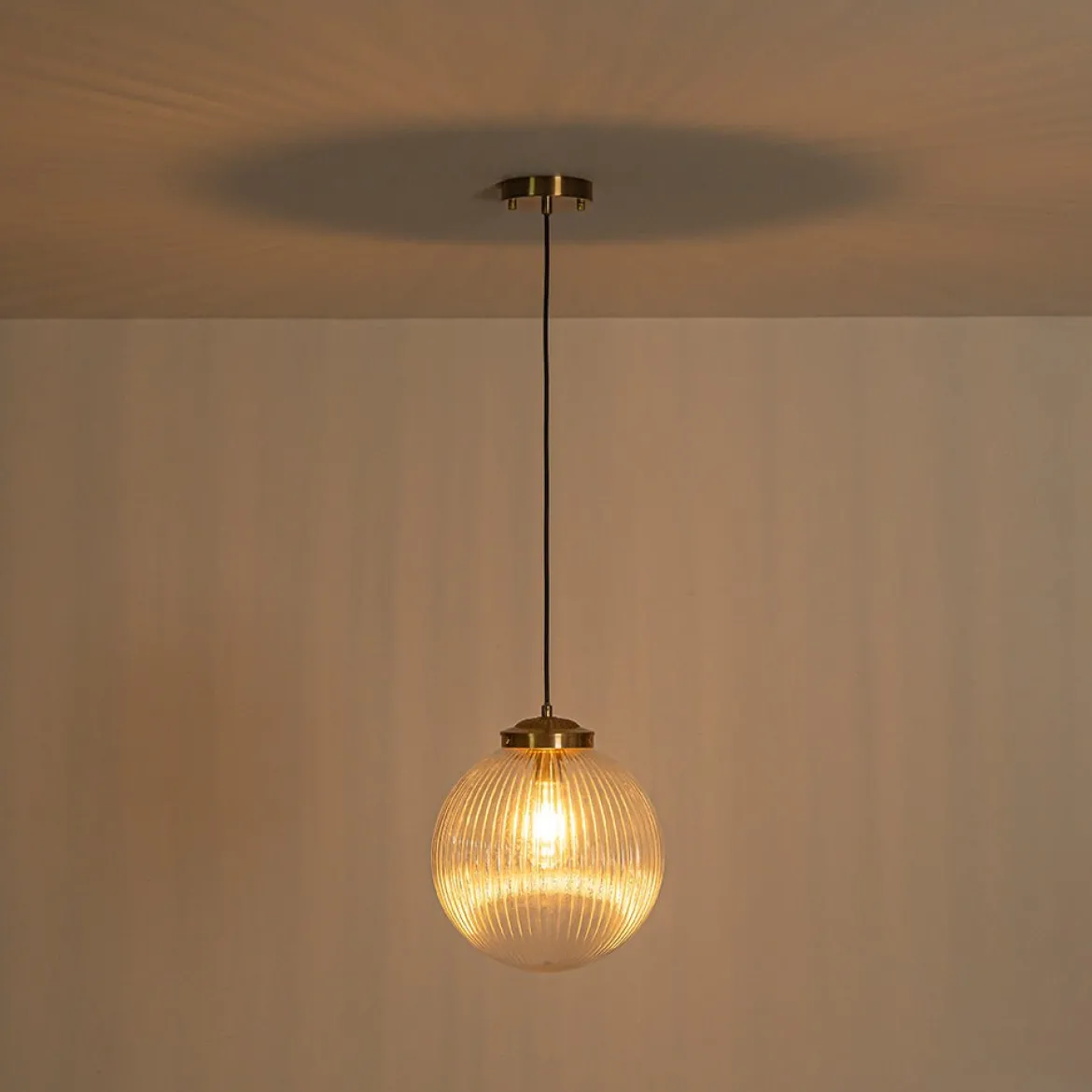 Mid-Century 1-Light Clear Ribbed Glass Globe Pendant