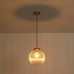 Mid-Century 1-Light Clear Ribbed Glass Globe Pendant
