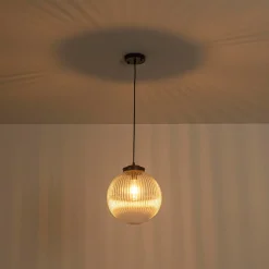Mid-Century 1-Light Clear Ribbed Glass Globe Pendant
