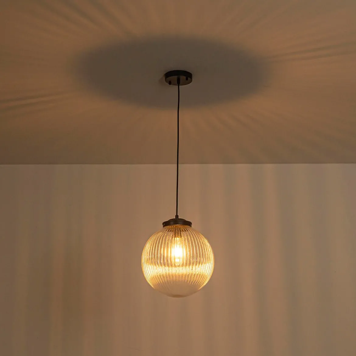 Mid-Century 1-Light Clear Ribbed Glass Globe Pendant
