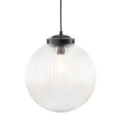 Mid-Century 1-Light Clear Ribbed Glass Globe Pendant