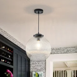 Mid-Century 1-Light Clear Ribbed Glass Globe Pendant