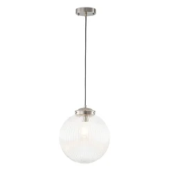Mid-Century 1-Light Clear Ribbed Glass Globe Pendant