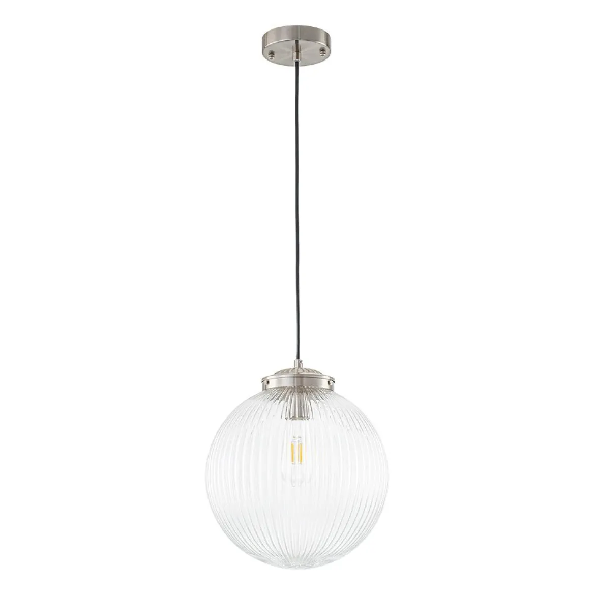 Mid-Century 1-Light Clear Ribbed Glass Globe Pendant