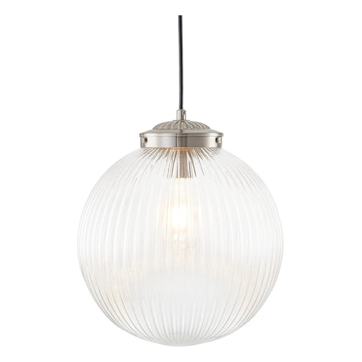 Mid-Century 1-Light Clear Ribbed Glass Globe Pendant