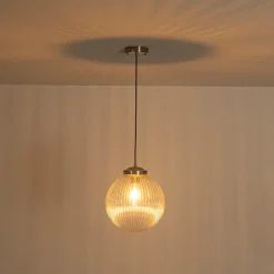 Mid-Century 1-Light Clear Ribbed Glass Globe Pendant