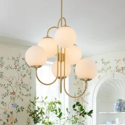 Mid-Century 6-Light Goose Arm Opal Glass Globe Tiered Chandelier