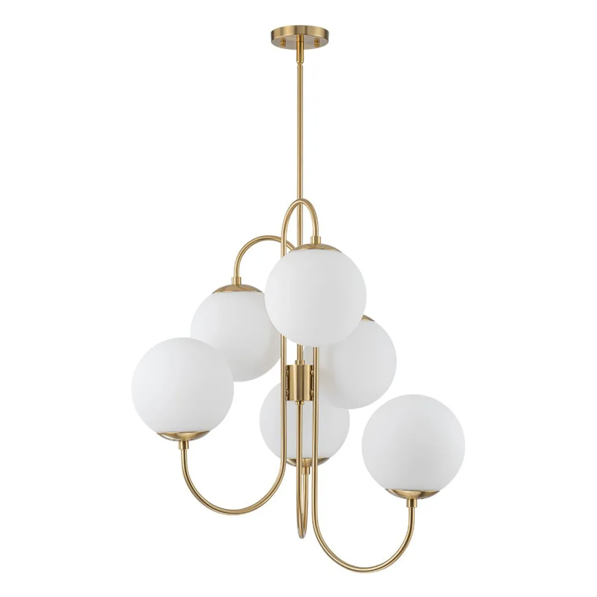 Mid-Century 6-Light Goose Arm Opal Glass Globe Tiered Chandelier
