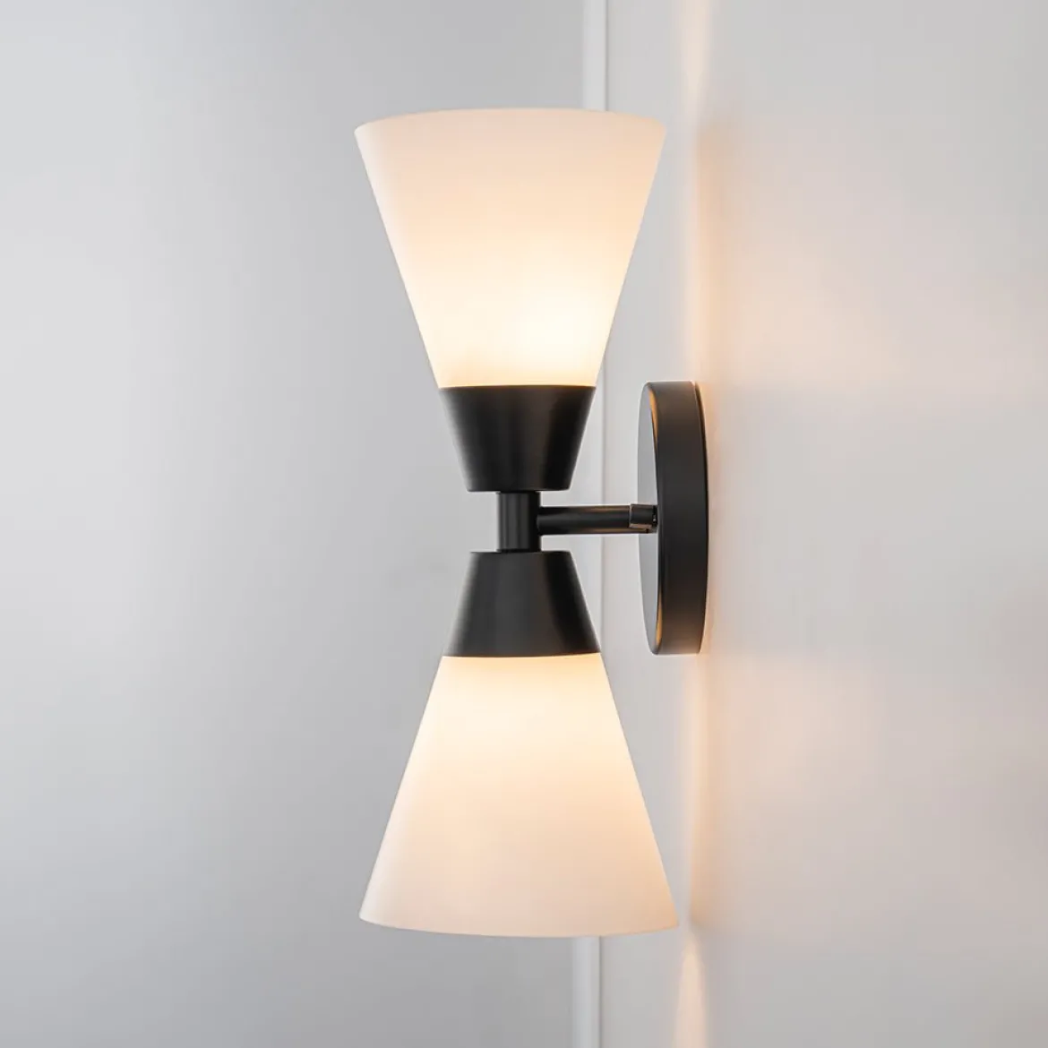 Mid-Century 2-Light Up Down Opal Glass Cone Wall Sconce