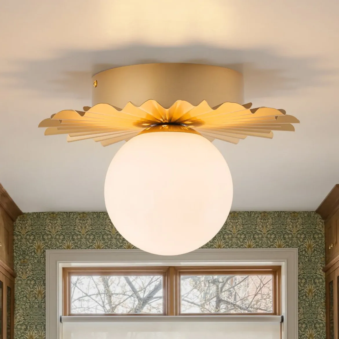 Mid-Century Sunburst 1-Light Opal Glass Globe Ceiling Light
