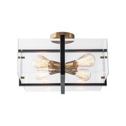 Modern Black Brass Clear Glass Square Cage Semi Flush Mount