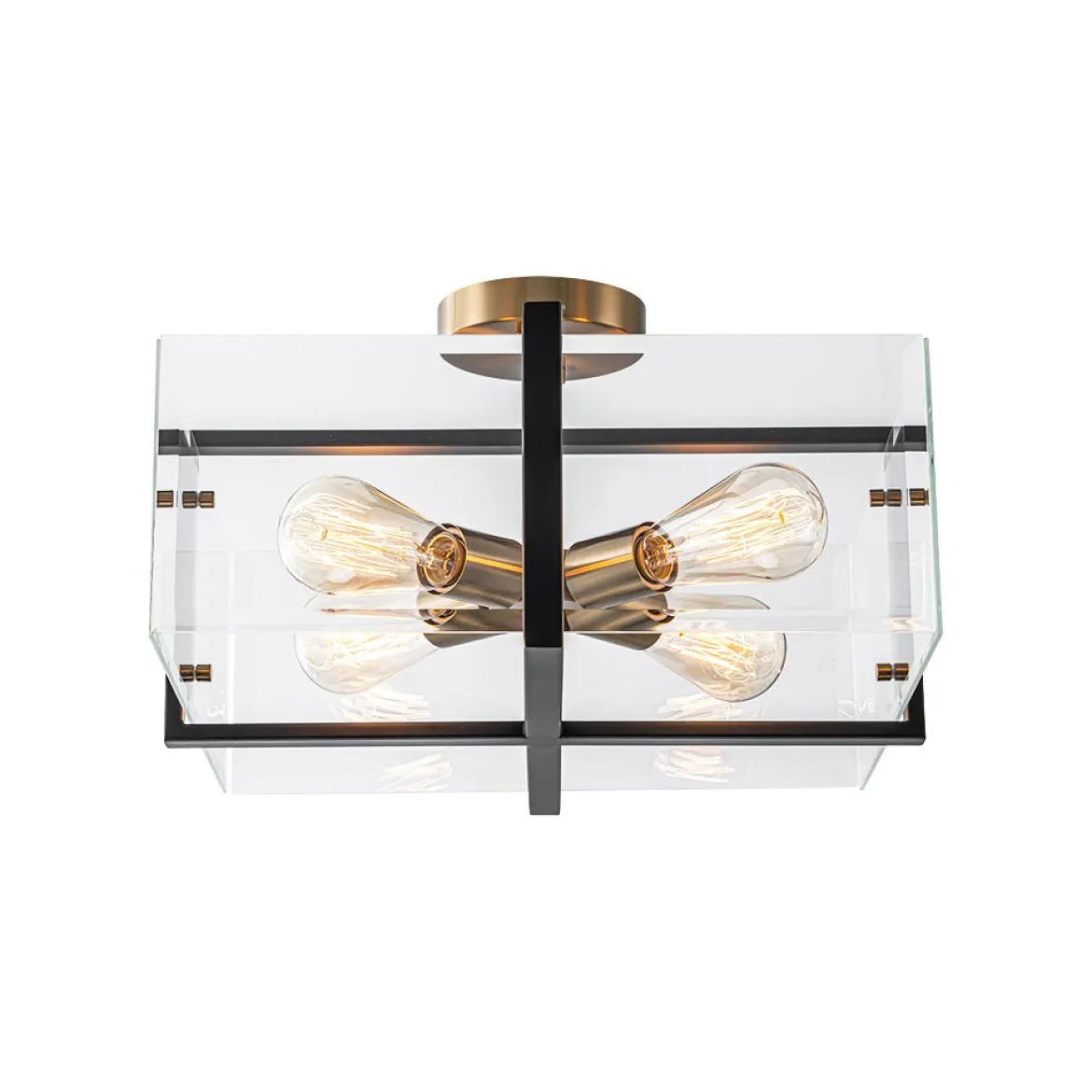 Modern Black Brass Clear Glass Square Cage Semi Flush Mount
