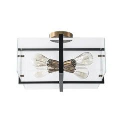 Modern Black Brass Clear Glass Square Cage Semi Flush Mount