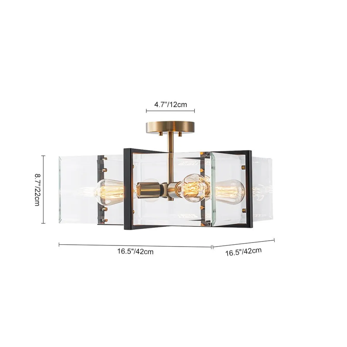 Modern Black Brass Clear Glass Square Cage Semi Flush Mount