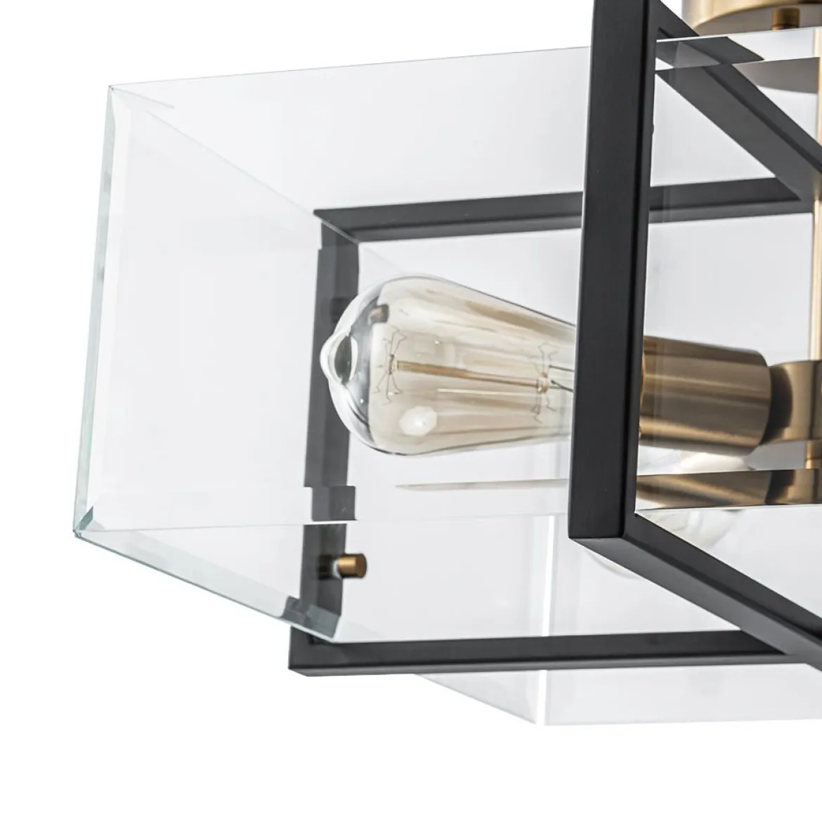 Modern Black Brass Clear Glass Square Cage Semi Flush Mount