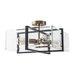 Modern Black Brass Clear Glass Square Cage Semi Flush Mount