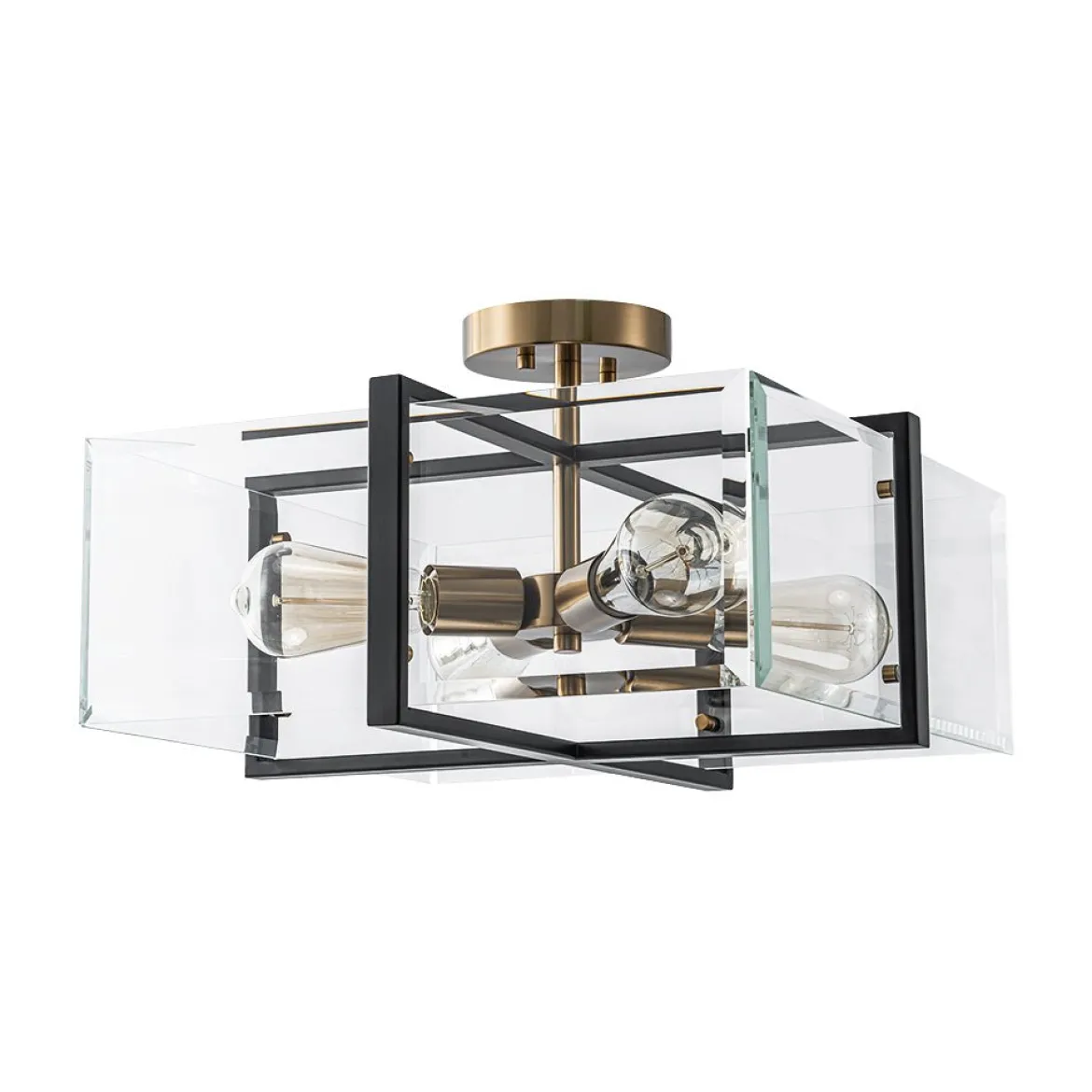 Modern Black Brass Clear Glass Square Cage Semi Flush Mount
