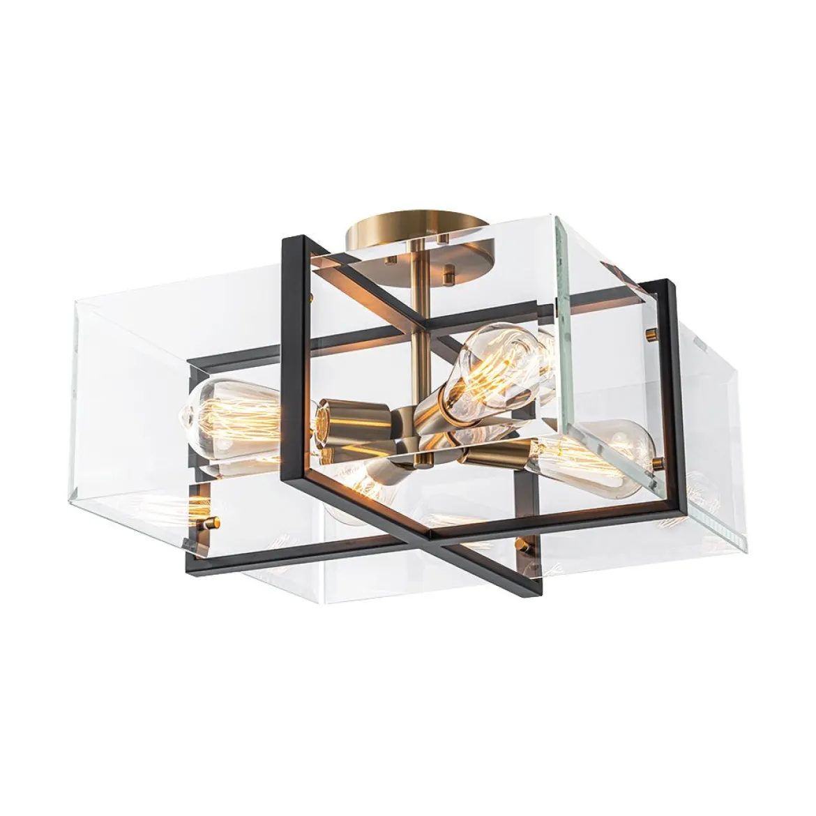 Modern Black Brass Clear Glass Square Cage Semi Flush Mount
