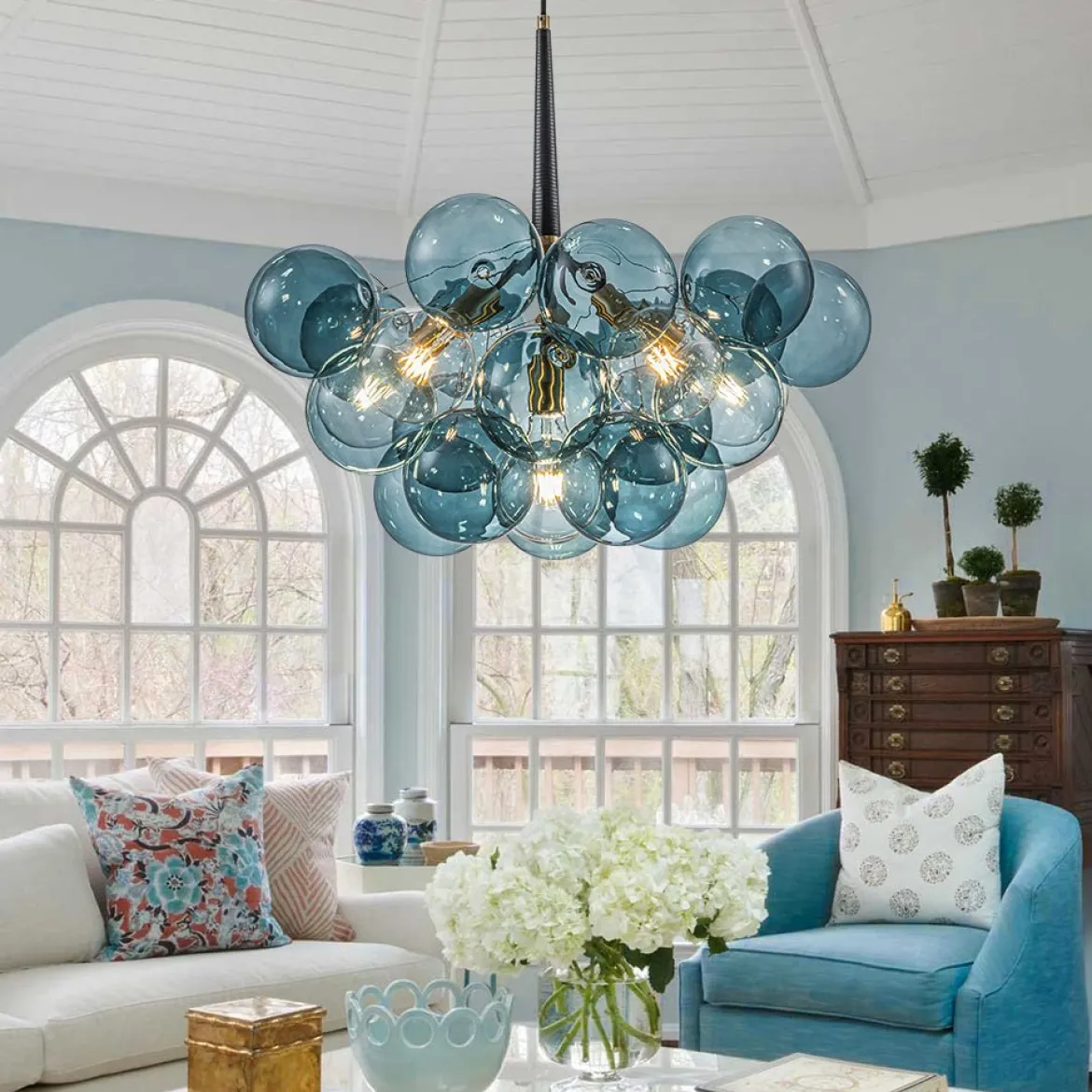 Modern Cluster Blue Glass Globe Bubble Chandelier