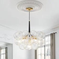 Modern Cluster Ribbed Glass Globe Bubble Chandelier