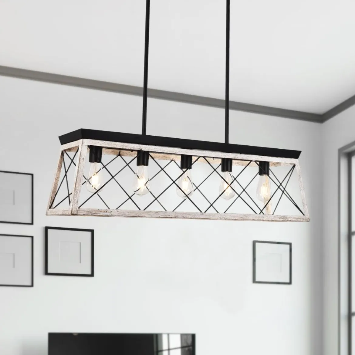 Modern Farmhouse 5-light Kitchen Island Faux Wood Linear Chandelier Pendant