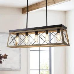 Modern Farmhouse 5-light Kitchen Island Faux Wood Linear Chandelier Pendant
