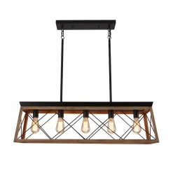 Modern Farmhouse 5-light Kitchen Island Faux Wood Linear Chandelier Pendant
