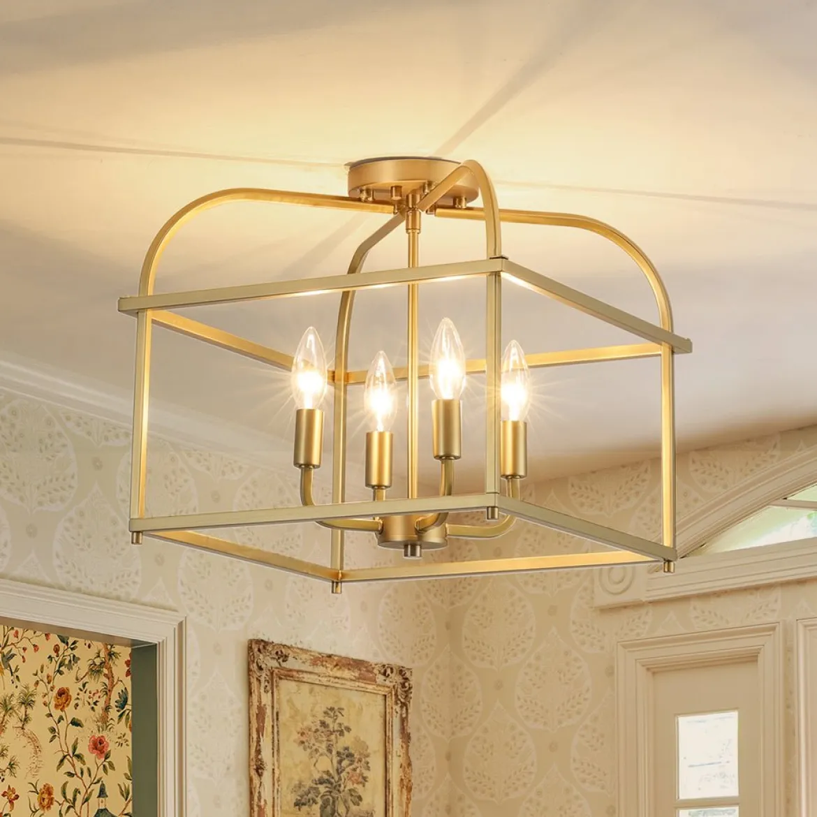 Modern 4-Light Candle Style Square Cage Semi Flush Mount
