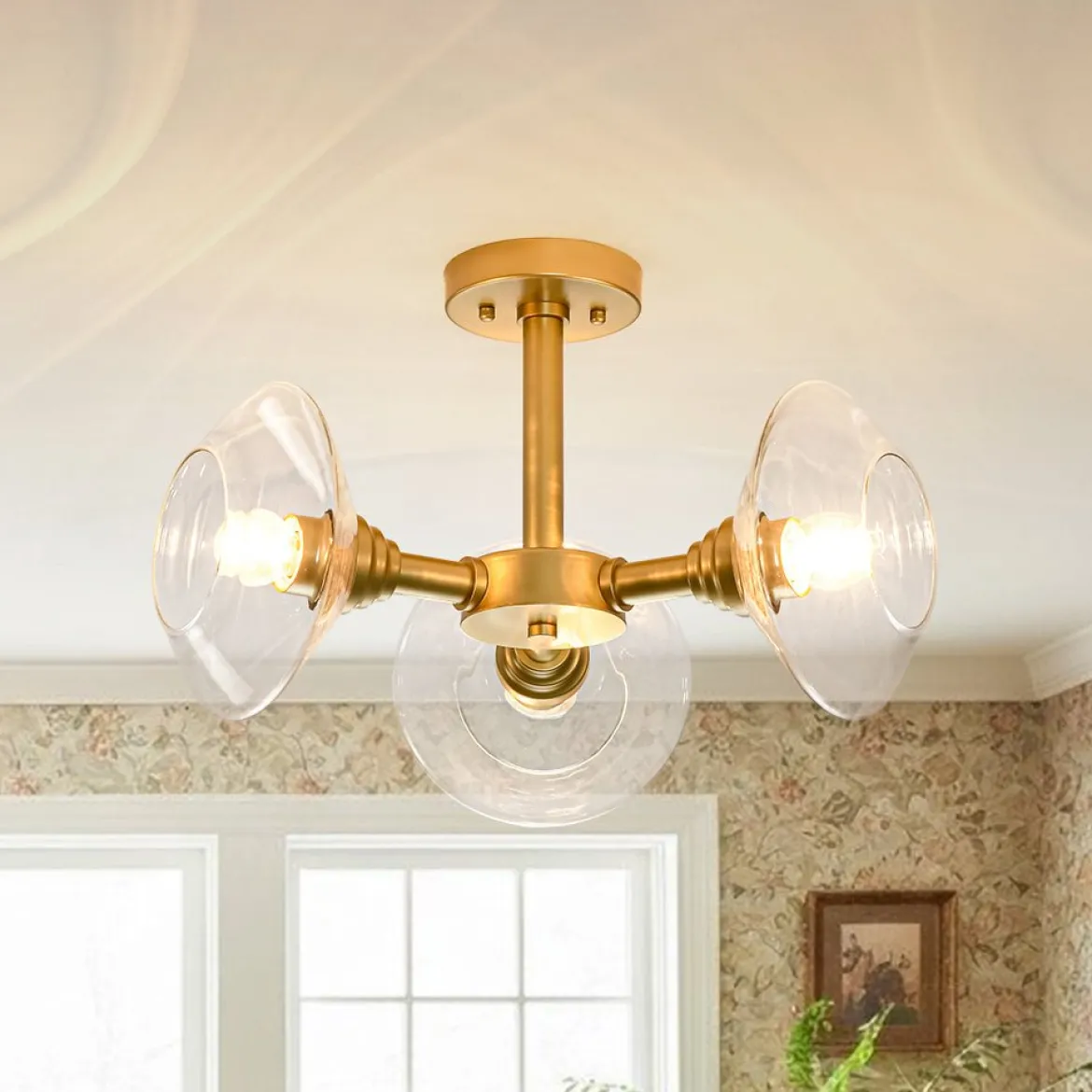 Modern 3-Light Clear Glass Round Sputnik Semi Flush Mount