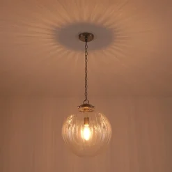 Modern 1-Light Clear Ribbed Glass Globe Pendant