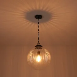 Modern 1-Light Clear Ribbed Glass Globe Pendant
