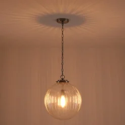 Modern 1-Light Clear Ribbed Glass Globe Pendant