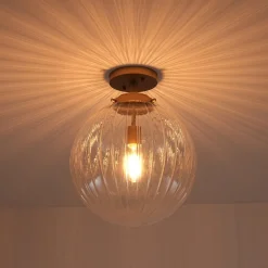 Modern 1-Light Clear Ribbed Glass Globe Semi Flush Mount