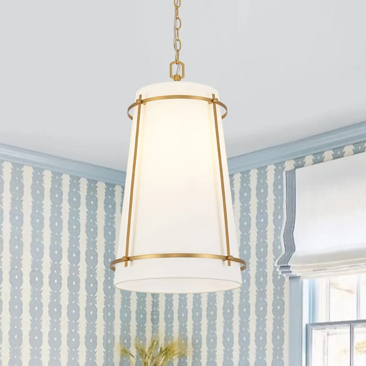 Modern Mid-Century Fabric Tall Cone Cage Pendant Light