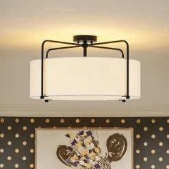 Modern Round White Fabric Drum Cage Semi Flush Mount