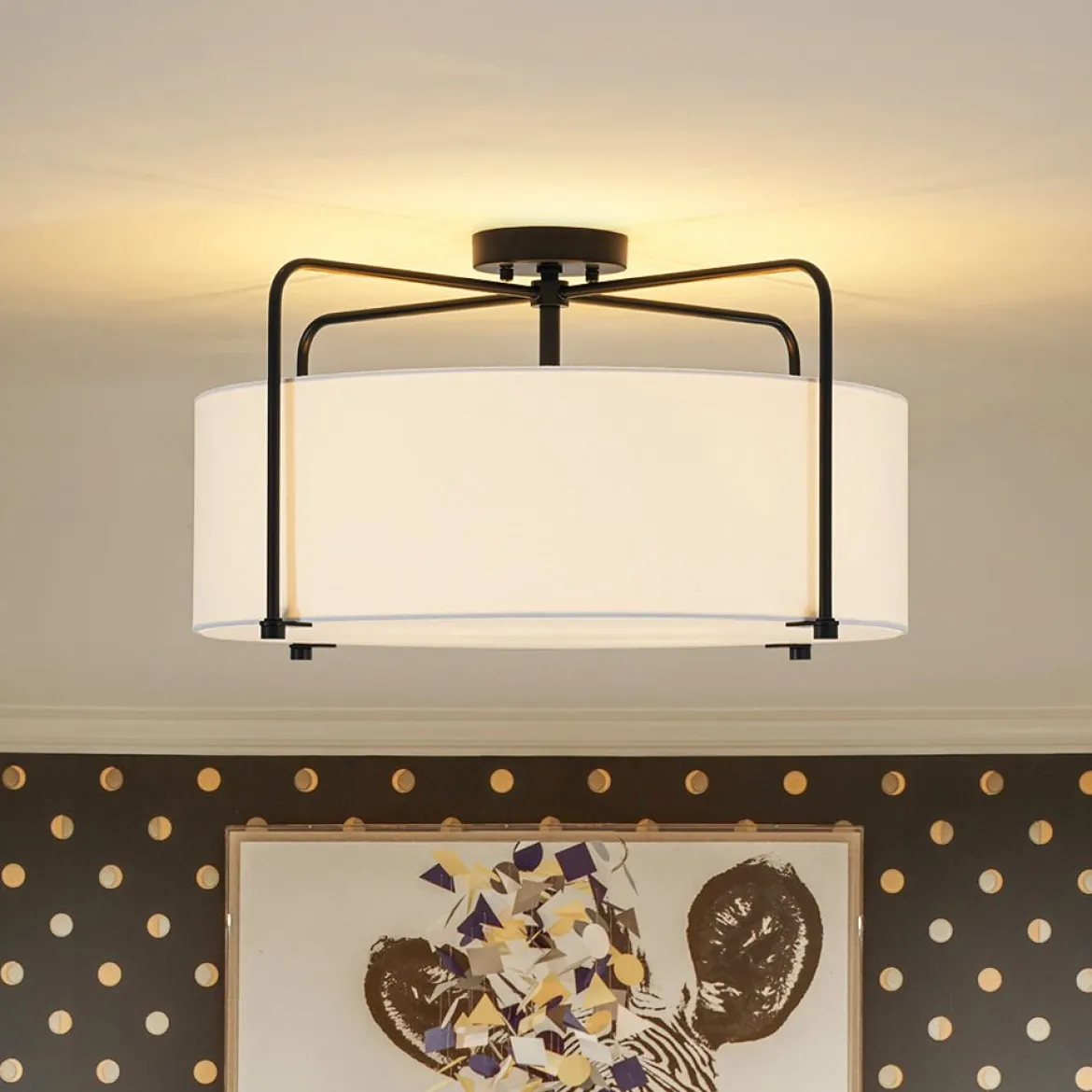Modern Round White Fabric Drum Cage Semi Flush Mount