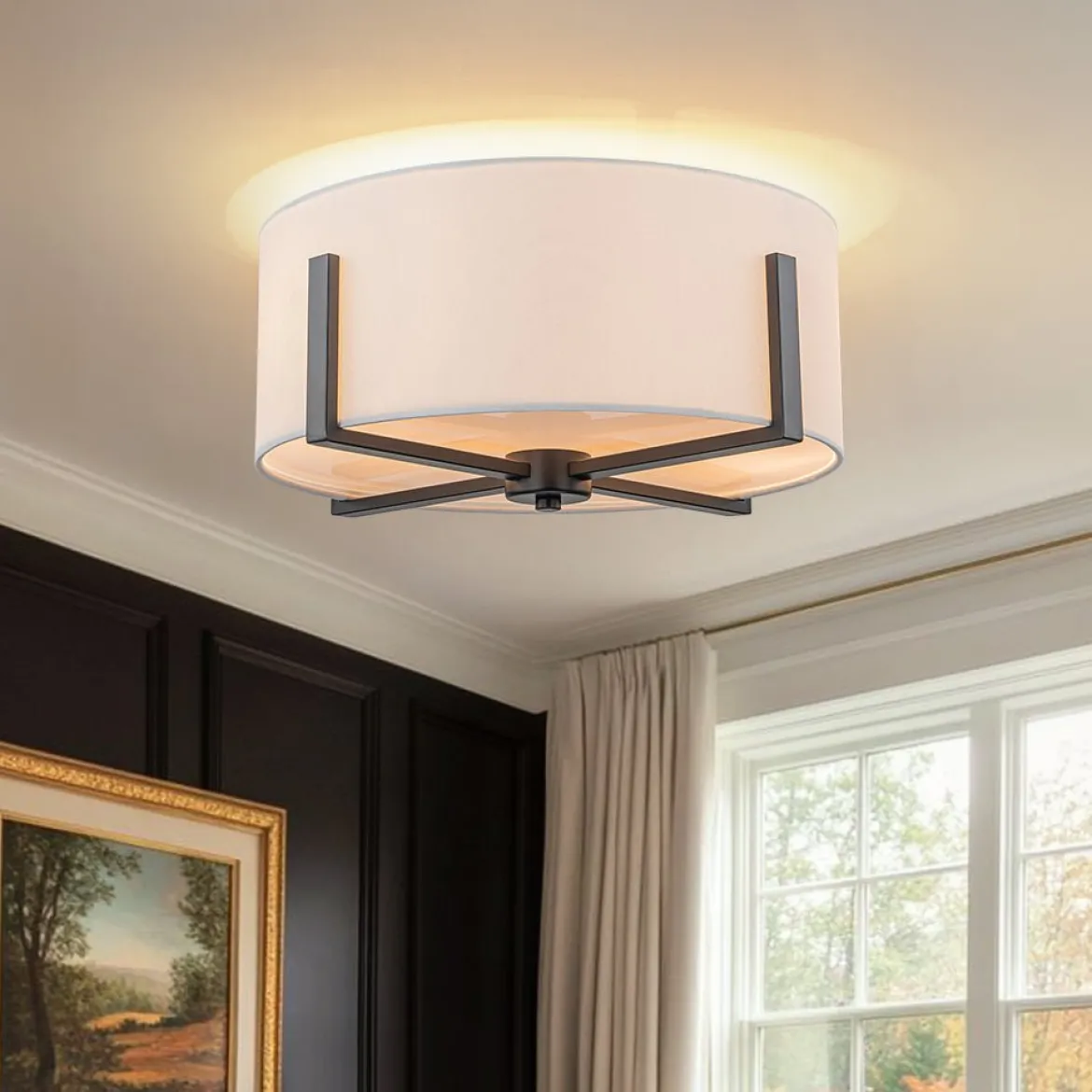 Modern Wide Drum Fabric Cage Flush Mount Light