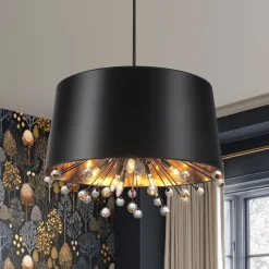 Moody Luxe Starburst Crystal Black Fabric Drum Cage Chandelier