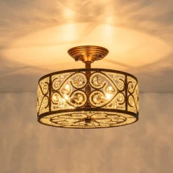 Moroccan Antique Crystal Drum Cage Semi Flush Mount