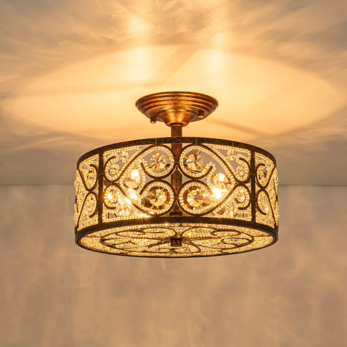 Moroccan Antique Crystal Drum Cage Semi Flush Mount