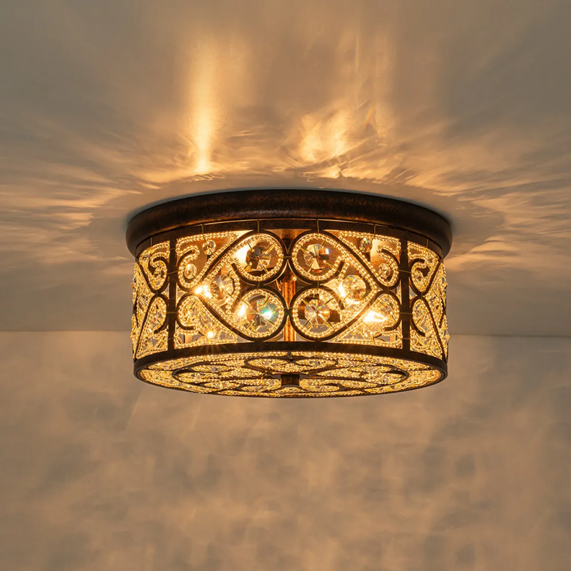 Moroccan Antique Crystal Drum Flush Mount Ceiling Light