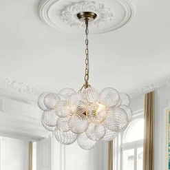 (OpenBox) Brass Cluster Ribbed Glass Globe Bubble Chandelier