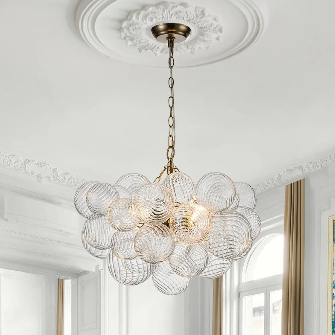 (OpenBox) Brass Cluster Ribbed Glass Globe Bubble Chandelier