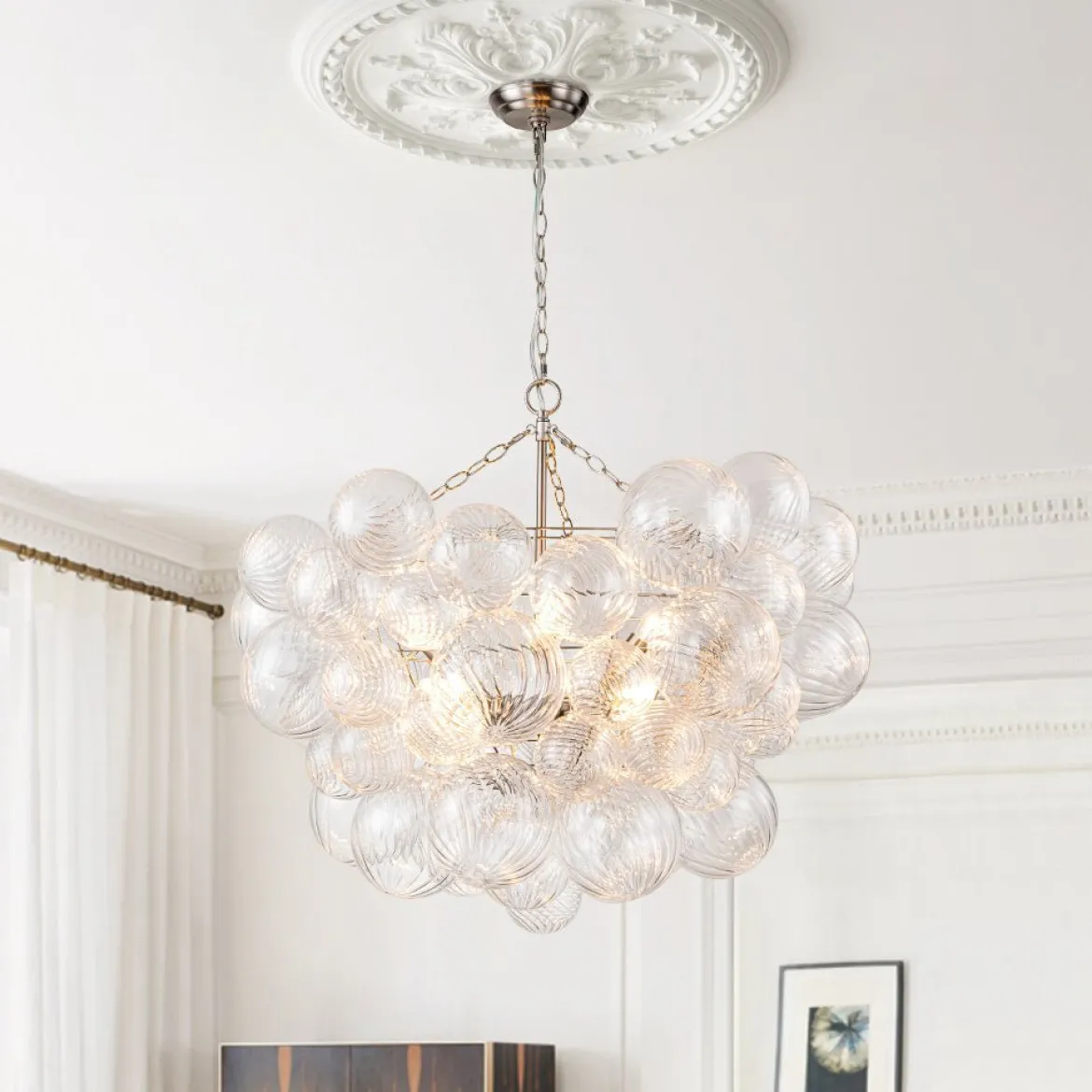 (OpenBox) Brass Cluster Ribbed Glass Globe Bubble Chandelier