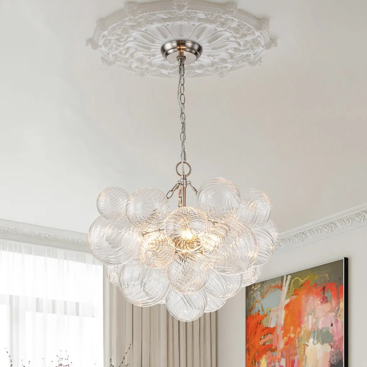 (OpenBox) Brass Cluster Ribbed Glass Globe Bubble Chandelier