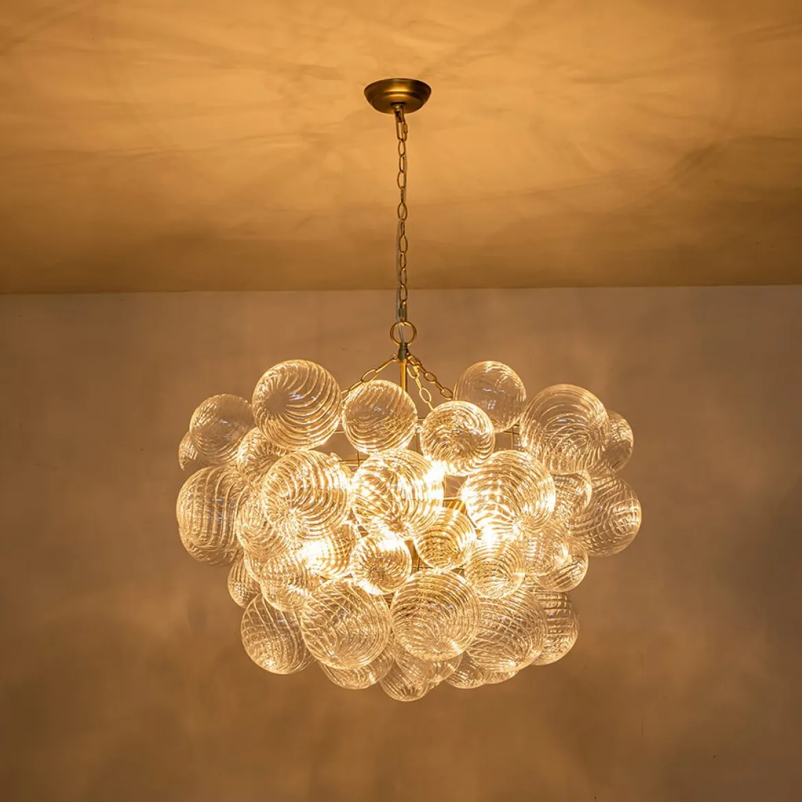 (OpenBox) Brass Cluster Ribbed Glass Globe Bubble Chandelier
