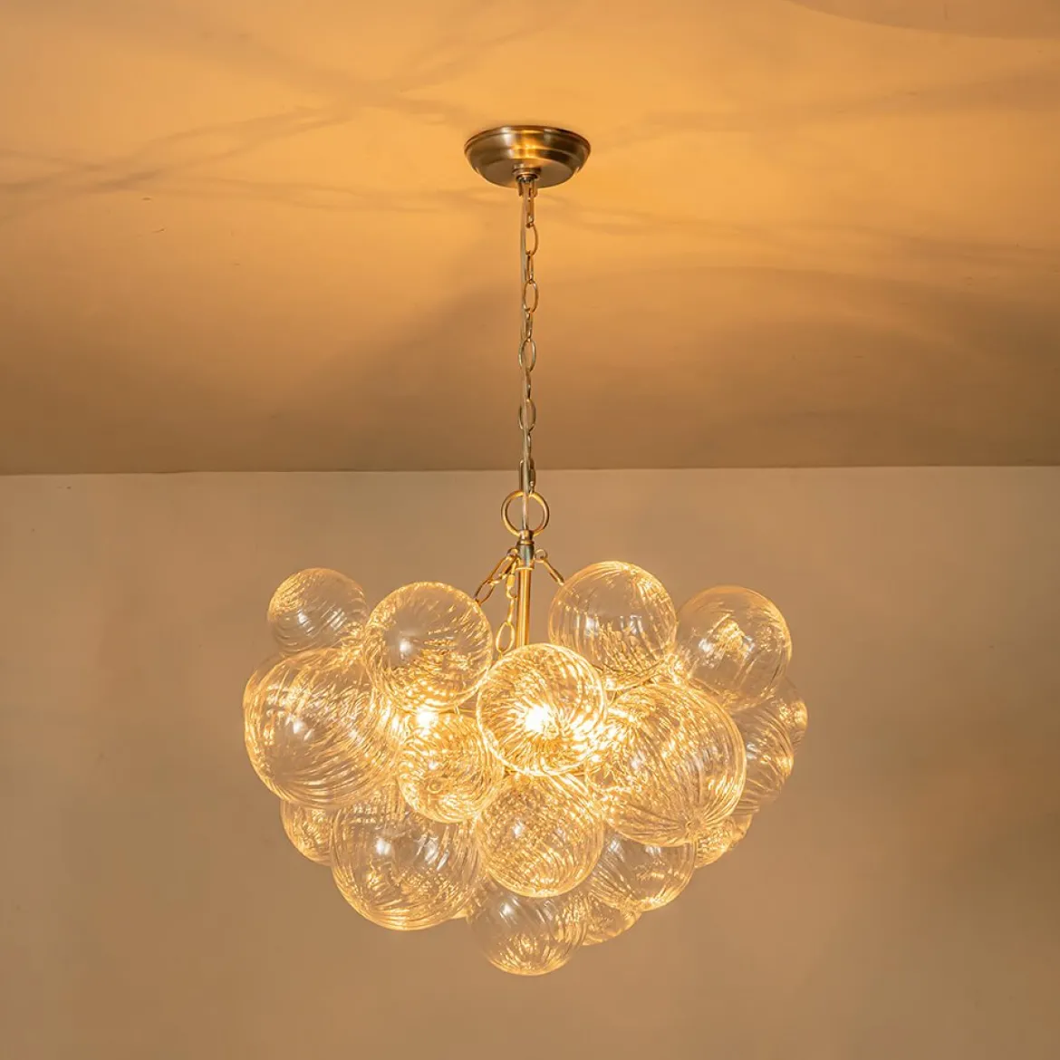 (OpenBox) Brass Cluster Ribbed Glass Globe Bubble Chandelier