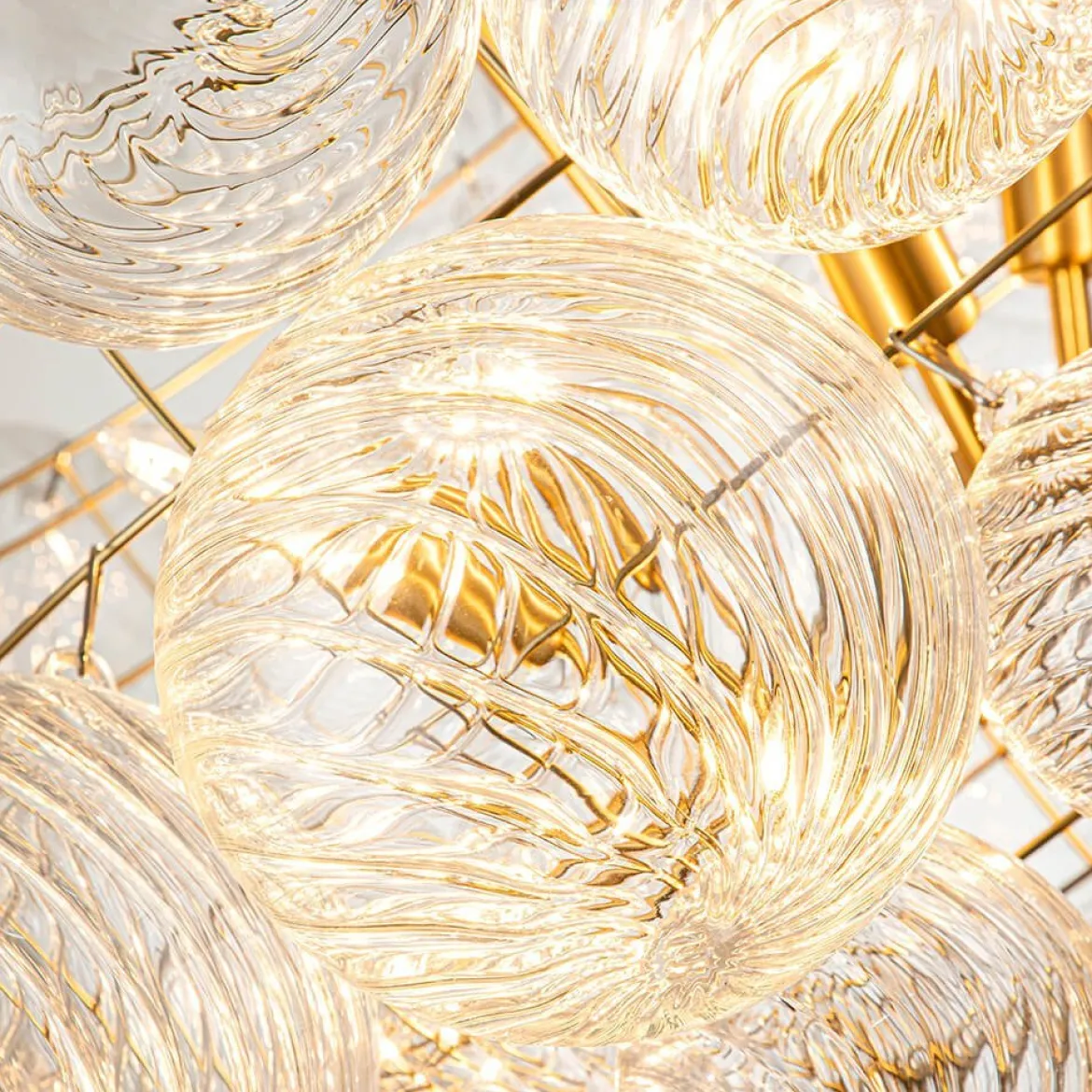 (OpenBox) Brass Cluster Ribbed Glass Globe Bubble Chandelier