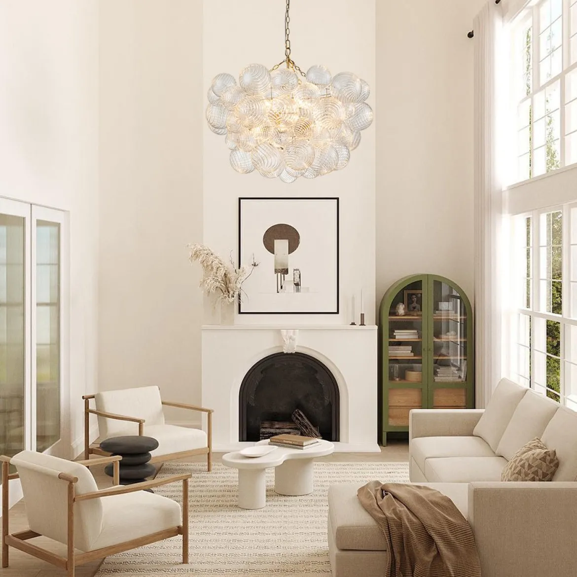 (OpenBox) Brass Cluster Ribbed Glass Globe Bubble Chandelier