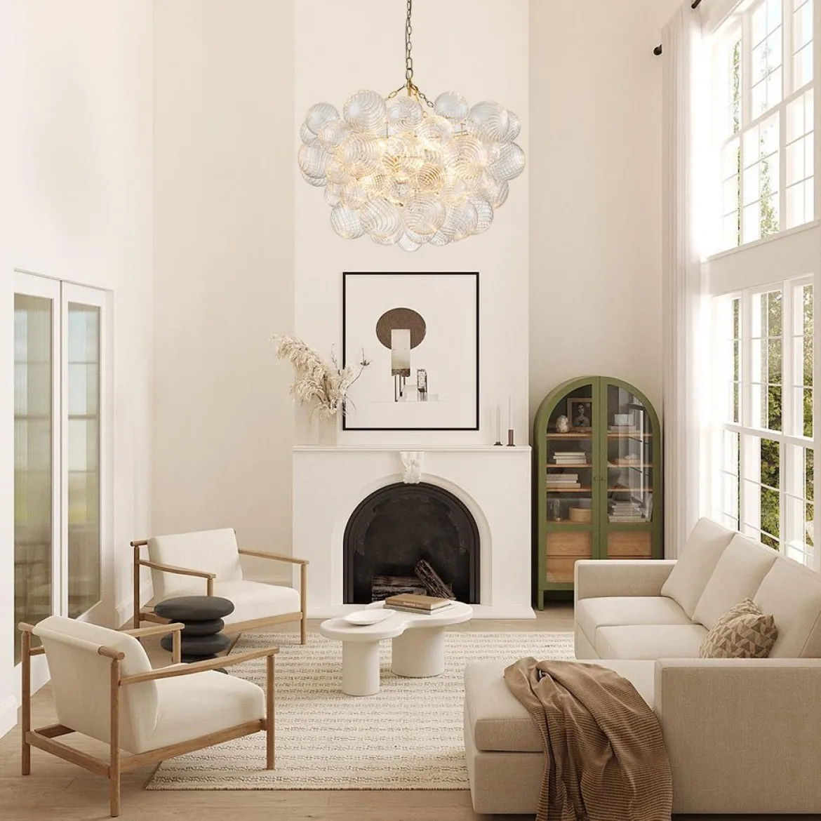 (OpenBox) Brass Cluster Ribbed Glass Globe Bubble Chandelier